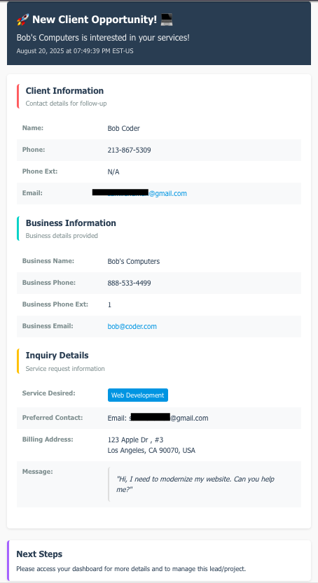 Business Owner Notification Email